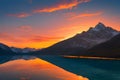 a sunset over a mountain lake with mountains generated by ai Royalty Free Stock Photo