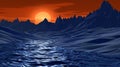 A sunset over a mountain range with water flowing through it, AI