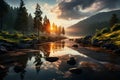 Sunset over the mountain river. Dramatic and picturesque scene. Royalty Free Stock Photo