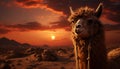 Sunset over the mountains, a camel smiles in nature beauty generated by AI