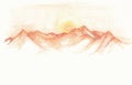 Sunset over mountains and dunes, hand drawn pencil colorful illustration. Landscape view, sunrise in desert Royalty Free Stock Photo