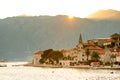 Sunset over Mountains and Famous Ancient Perast Town on Kotor Bay, Montenegro, Europe. Royalty Free Stock Photo