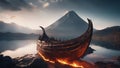 sunset over the mountains A fantasy long boat on the rocks at a lake of fire,