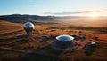 Sunset over the mountains, a futuristic factory generates electricity generated by AI