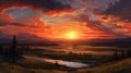 Vibrant Sunset Over Mountains: Inspired By E. Munch And Charlie Bowater Royalty Free Stock Photo