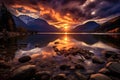 sunset over mountains and lake Wispy Clouds Over Lake at Sunset