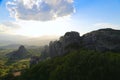 Sunset over the mountains and monasteries of Meteora Royalty Free Stock Photo