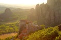 Sunset over the mountains and monasteries of Meteora Royalty Free Stock Photo