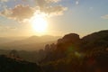 Sunset over the mountains and monasteries of Meteora Royalty Free Stock Photo