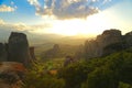 Sunset over the mountains and monasteries of Meteora Royalty Free Stock Photo