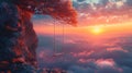 Sunset Over Mountains With a Swing Hanging From a Tree Royalty Free Stock Photo
