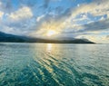 Golden Horizon: Sunset Over Na Pali Ridges in Hanalei Bay, Kauai Royalty Free Stock Photo