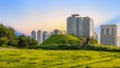 Sunset over the Namsan Park viewpoint with modern skyscrapers in Seoul, South Korea Royalty Free Stock Photo