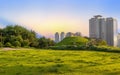 Sunset over the Namsan Park viewpoint with modern skyscrapers in Seoul, South Korea