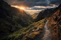 sunset over a narrow mountain path with dramatic shadows Royalty Free Stock Photo