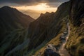 sunset over a narrow mountain path with dramatic shadows Royalty Free Stock Photo