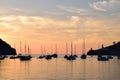 Sunset over natural harbor of Port de Soller on Majorca Royalty Free Stock Photo