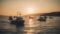 Sunset over nautical vessel on tranquil water with fishing boat generated by AI Royalty Free Stock Photo