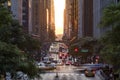 Sunset over 42nd Street with the colorful lights of traffic through Midtown Manhattan, New York City Royalty Free Stock Photo