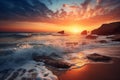 Sunset over the ocean. Beautiful seascape with foamy surf. Natural composition