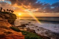 Sunset over the ocean in Laguna Beach, California, USA, A dreamy oceanside with a rainbow on the horizon after a storm, AI