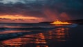 sunset over the ocean A night view of a sea on fire, with waves of flames and a mirror effect in the dark water Royalty Free Stock Photo