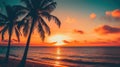 A sunset over the ocean with palm trees in the foreground. Generative AI image. Royalty Free Stock Photo