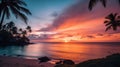 A sunset over the ocean with palm trees in the foreground. Generative AI image. Royalty Free Stock Photo