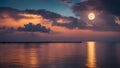 sunset over the ocean panorama view of the sea with colorful sky, clouds and bright full moon Royalty Free Stock Photo