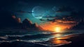 Sunset over the ocean or sea. Black Sky Background. Starry Night Background. Night Sky Wallpaper Royalty Free Stock Photo