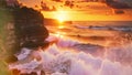 Sunset over the ocean with waves crashing on the cliffs. Bali, Indonesia, Seascape, ocean at sunset. Ocean coast with waves near