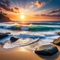 A sunset over the ocean with waves crashing on the shore and rocks in the Seascape illustration with sand cloudy sky and setting Royalty Free Stock Photo