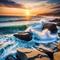 A sunset over the ocean with waves crashing on the shore and rocks in the Seascape illustration with sand cloudy sky and setting Royalty Free Stock Photo