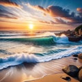 A sunset over the ocean with waves crashing on the shore and rocks in the Seascape illustration with sand cloudy sky and setting Royalty Free Stock Photo
