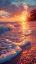 Sunset over the ocean with waves gently breaking on the shore, reflecting the warm sunset colors Royalty Free Stock Photo