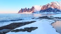 Sunset over the Okshornan mountain range at the island of Senja in Northern Norway