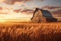 Sunset over an old barn in a wheat field in the countryside, An old rustic barn in wheat field under setting sun, AI Generated Royalty Free Stock Photo