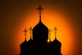 Sunset over the Orthodox Church in Kaluga region in Russia. Royalty Free Stock Photo