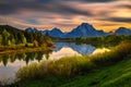 Sunset over Oxbow Bend of the Snake River in Grand Teton National Park, Wyoming Royalty Free Stock Photo