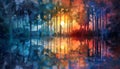 Sunset over the painted image of a fantasy forest, reflecting beauty in nature Royalty Free Stock Photo
