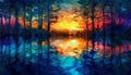 Sunset over the painted image of a fantasy forest, reflecting beauty in nature Royalty Free Stock Photo