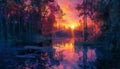 Sunset over the painted image of a fantasy forest, reflecting beauty in nature Royalty Free Stock Photo