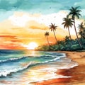 Colorful Watercolor Sunset Beach Drawing With Palm Trees