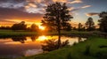 Sunset over peaceful farm pond Royalty Free Stock Photo