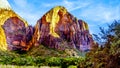 Sunset over the peak of Mount Majestic towers over the Emerald Pool Trail along the Virgin River in Zion National Park Royalty Free Stock Photo
