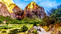 Sunset over the peak of Mount Majestic towers over the Emerald Pool Trail along the Virgin River in Zion National Park