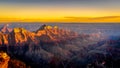 Sunset over the peaks of the Grand Canyon viewed from the terrace of the Lodge on the North Rim of the Grand Canyon Royalty Free Stock Photo