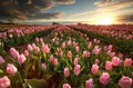 Sunset over pink tulip field Royalty Free Stock Photo