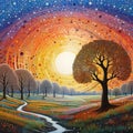 Sunset Over Pond: Intricate Pointillism Landscape Giclee Print Royalty Free Stock Photo