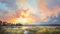 Sunset Over Pond: A Lively Coastal Landscape Painting In Mark Lovett\'s Style